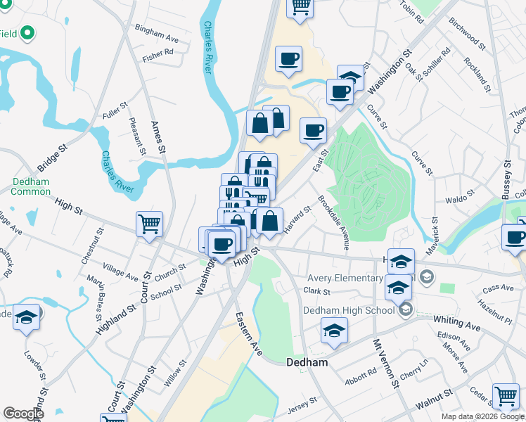 map of restaurants, bars, coffee shops, grocery stores, and more near 274 Washington Street in Dedham