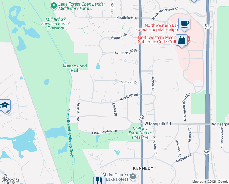 map of restaurants, bars, coffee shops, grocery stores, and more near 577 Fletcher Court in Lake Forest