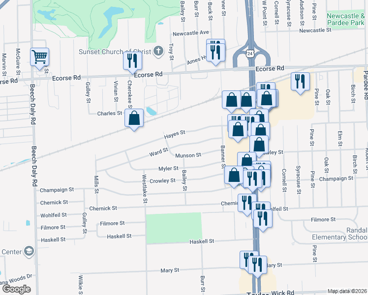 map of restaurants, bars, coffee shops, grocery stores, and more near 24549 Ward Street in Taylor