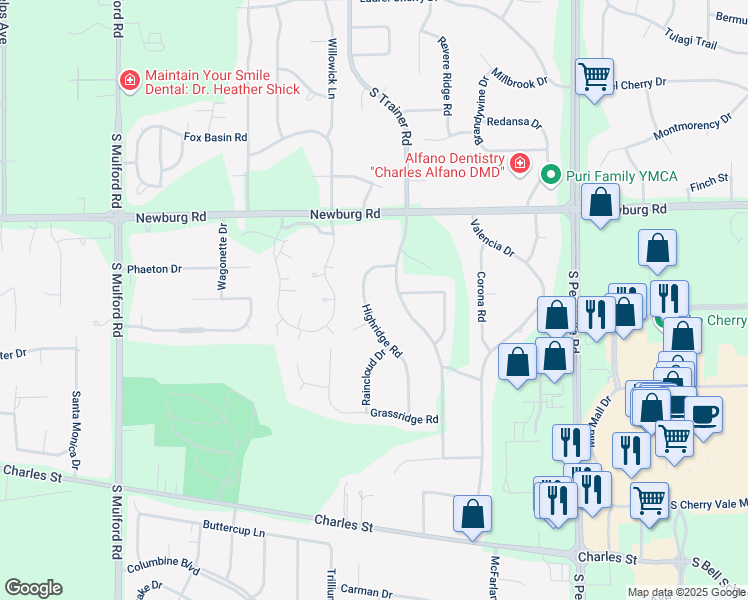 map of restaurants, bars, coffee shops, grocery stores, and more near 1706 Highridge Road in Rockford