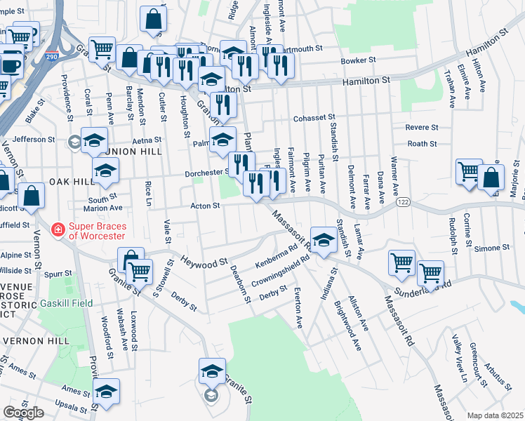 map of restaurants, bars, coffee shops, grocery stores, and more near 8 Massasoit Road in Worcester