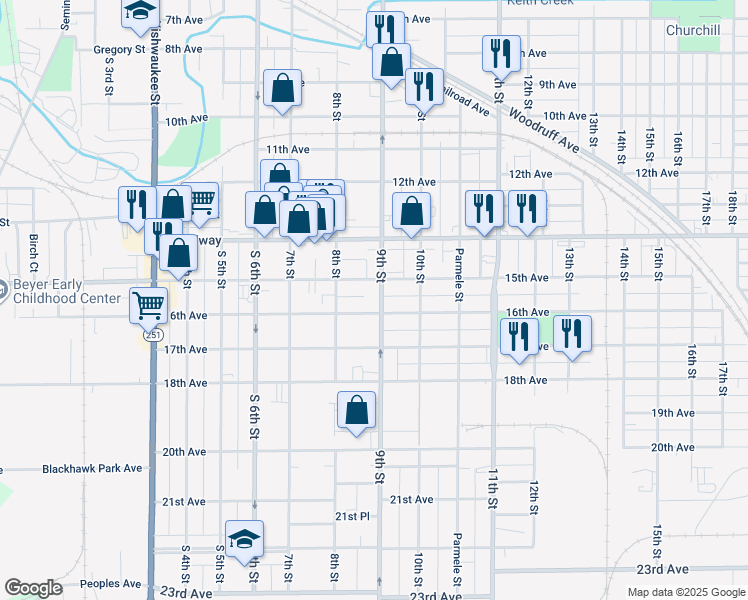 map of restaurants, bars, coffee shops, grocery stores, and more near 1619 9th Street in Rockford