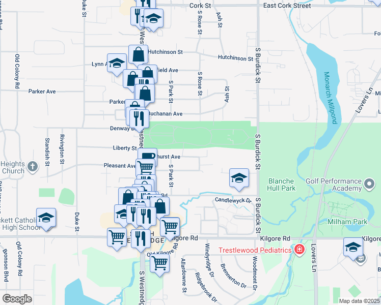 map of restaurants, bars, coffee shops, grocery stores, and more near 222 Oakhurst Avenue in Kalamazoo