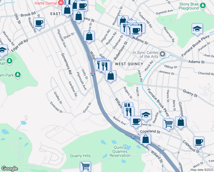 map of restaurants, bars, coffee shops, grocery stores, and more near 135 Willard Street in Quincy