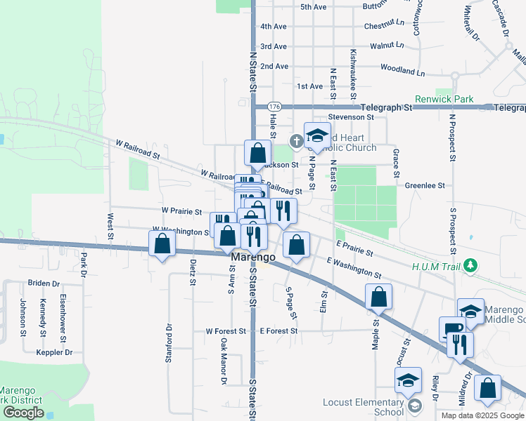 map of restaurants, bars, coffee shops, grocery stores, and more near 103 Municipal Lot Drive in Marengo