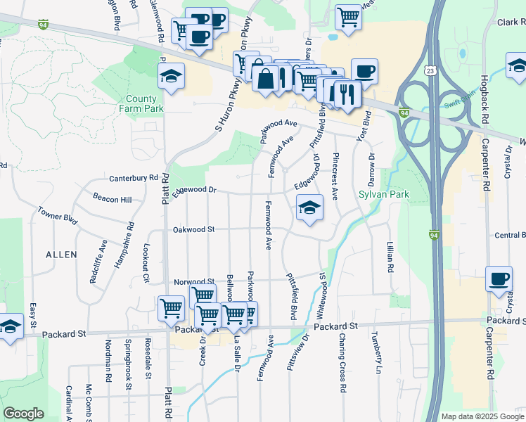 map of restaurants, bars, coffee shops, grocery stores, and more near 2562 Fernwood Avenue in Ann Arbor