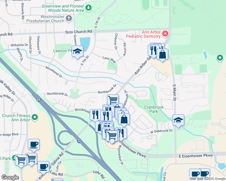 map of restaurants, bars, coffee shops, grocery stores, and more near 1830 Northbrook Drive in Ann Arbor