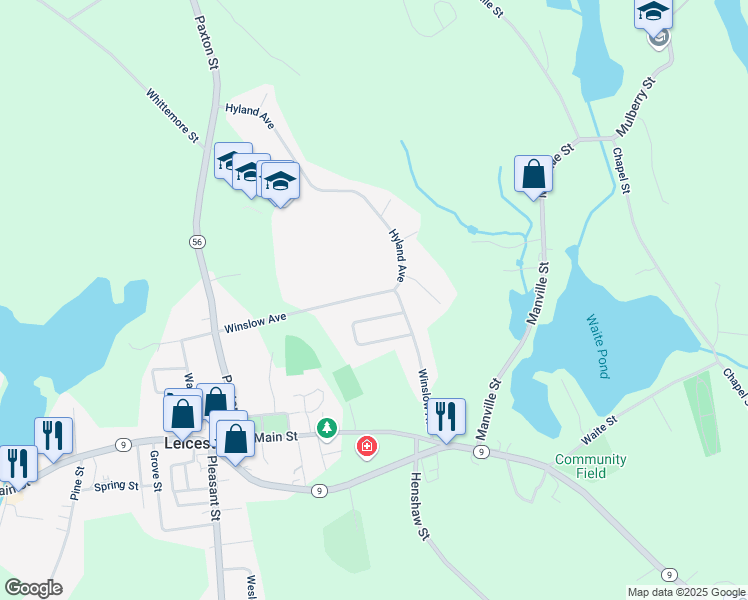 map of restaurants, bars, coffee shops, grocery stores, and more near 35 Winslow Avenue in Leicester