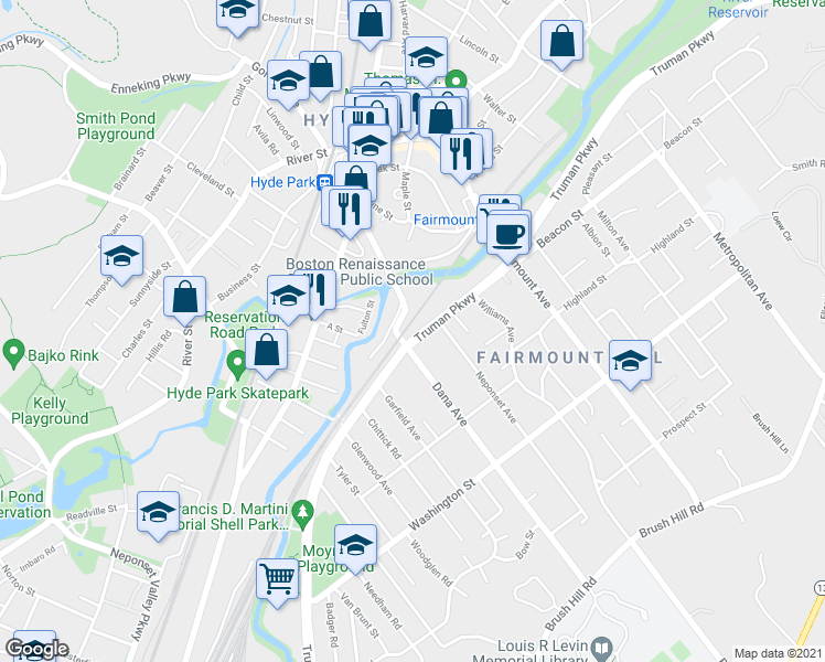 map of restaurants, bars, coffee shops, grocery stores, and more near 783 Truman Parkway in Boston
