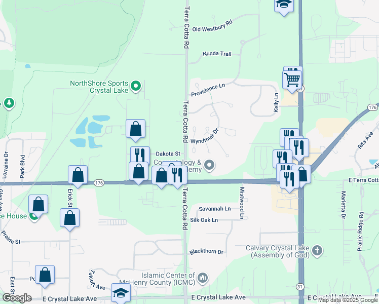 map of restaurants, bars, coffee shops, grocery stores, and more near 338 Sedgewick Court in Crystal Lake