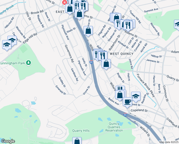 map of restaurants, bars, coffee shops, grocery stores, and more near 21 Upton Street in Quincy