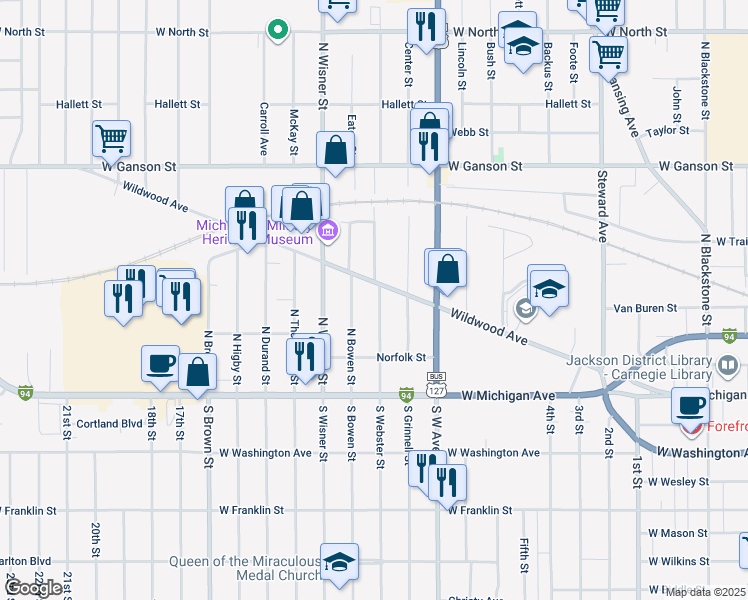 map of restaurants, bars, coffee shops, grocery stores, and more near 234 N Webster St in Jackson