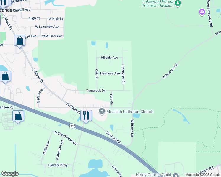 map of restaurants, bars, coffee shops, grocery stores, and more near 25161 Tamarack Drive in Wauconda