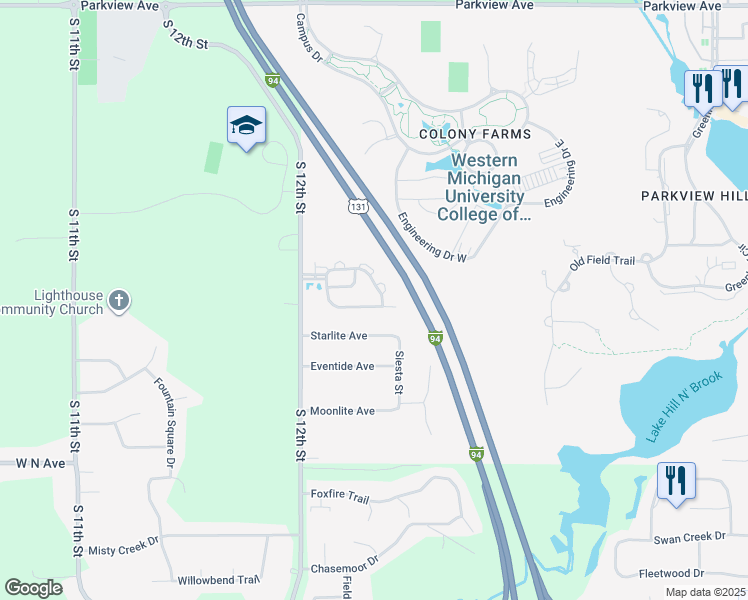 map of restaurants, bars, coffee shops, grocery stores, and more near 4540 Kaline Avenue in Kalamazoo