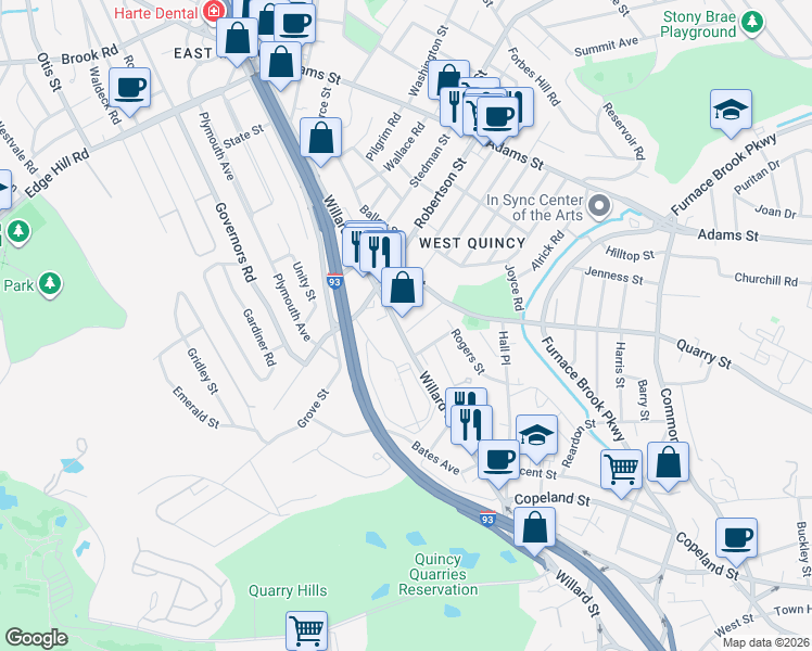 map of restaurants, bars, coffee shops, grocery stores, and more near 142 Willard Street in Quincy