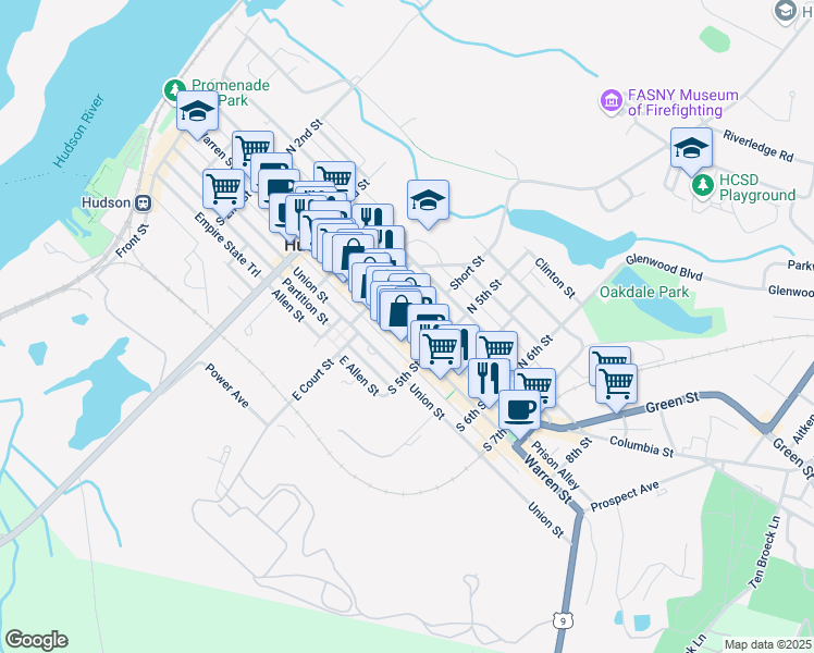 map of restaurants, bars, coffee shops, grocery stores, and more near 429 Warren Street in Hudson