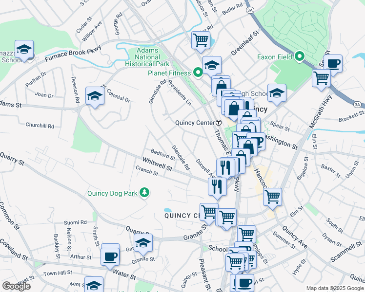map of restaurants, bars, coffee shops, grocery stores, and more near 27 Dixwell Avenue in Quincy