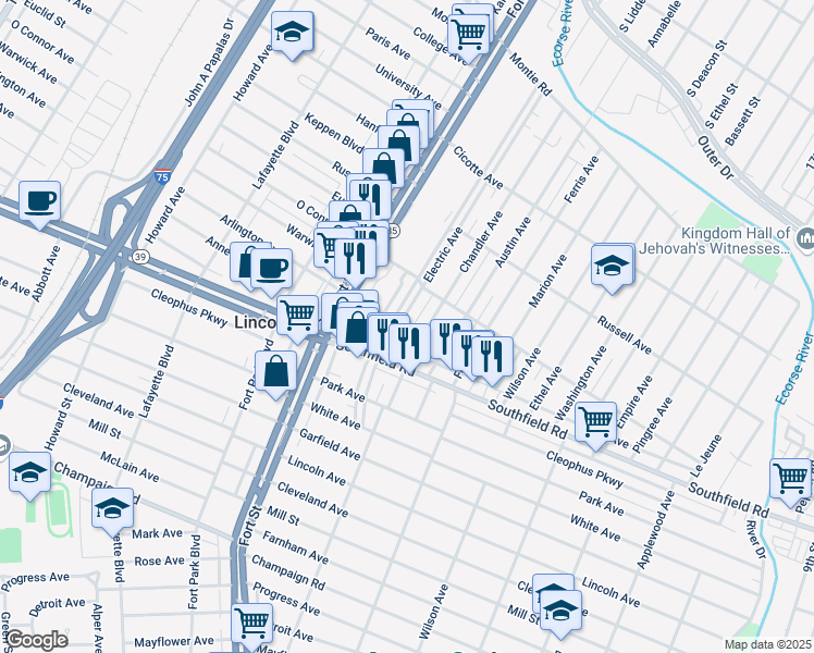 map of restaurants, bars, coffee shops, grocery stores, and more near 1703 Electric Avenue in Lincoln Park