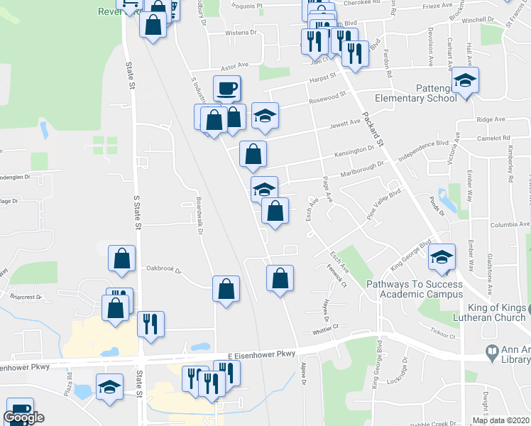 map of restaurants, bars, coffee shops, grocery stores, and more near 2459 South Industrial Highway in Ann Arbor