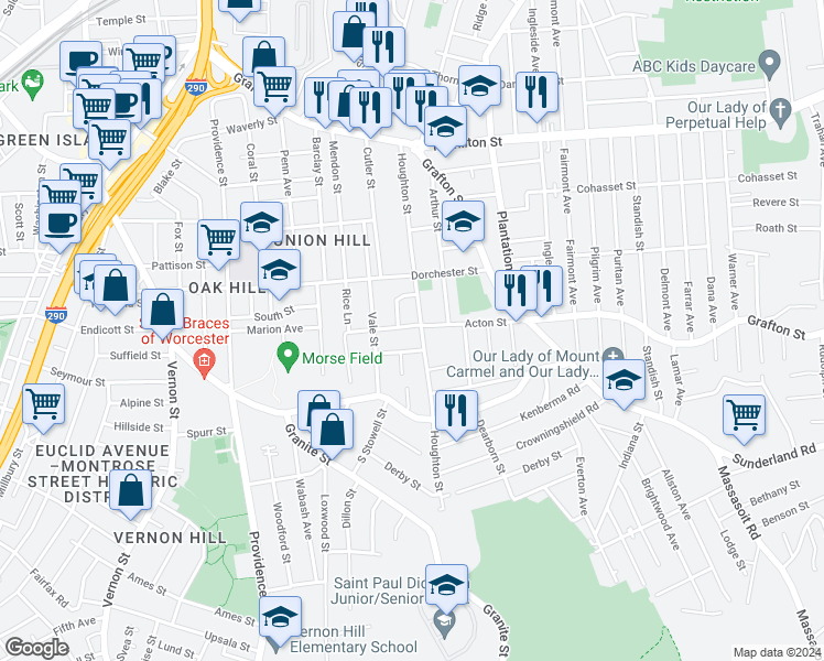 map of restaurants, bars, coffee shops, grocery stores, and more near 39 Acton Street in Worcester