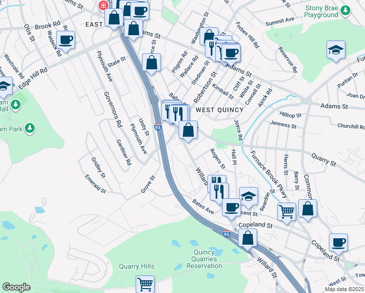 map of restaurants, bars, coffee shops, grocery stores, and more near 142 Willard Street in Quincy
