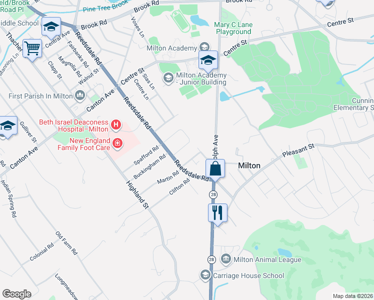 map of restaurants, bars, coffee shops, grocery stores, and more near 86 Meredith Circle in Milton