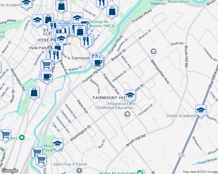 map of restaurants, bars, coffee shops, grocery stores, and more near 213 Fairmount Avenue in Boston