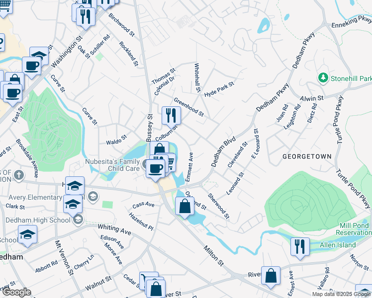 map of restaurants, bars, coffee shops, grocery stores, and more near 45 Emmett Avenue in Dedham
