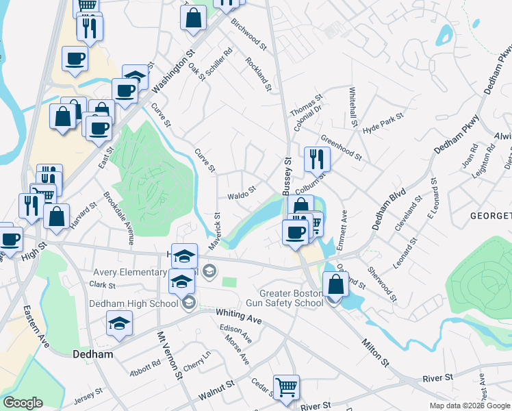 map of restaurants, bars, coffee shops, grocery stores, and more near 253 Colburn Street in Dedham