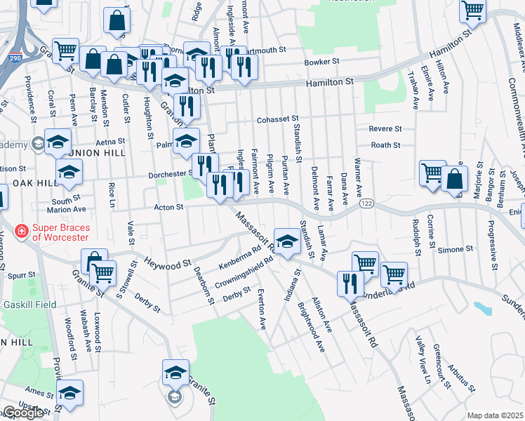 map of restaurants, bars, coffee shops, grocery stores, and more near 500 Grafton Street in Worcester
