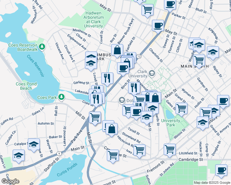 map of restaurants, bars, coffee shops, grocery stores, and more near 75 Birch Street in Worcester