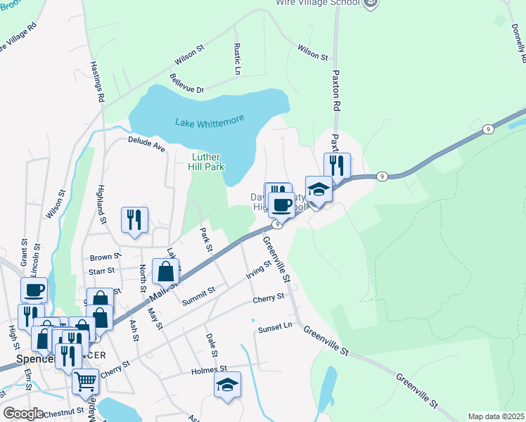 map of restaurants, bars, coffee shops, grocery stores, and more near 7 Roys Drive in Spencer