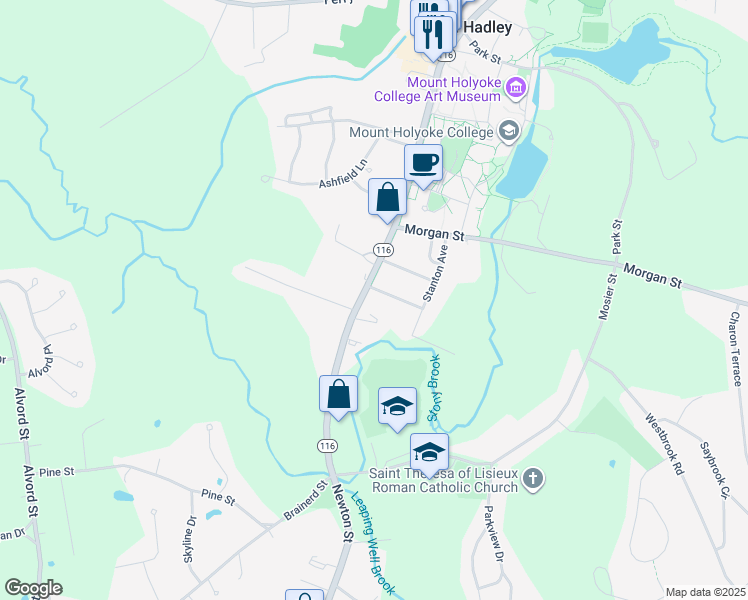 map of restaurants, bars, coffee shops, grocery stores, and more near 104 College Street in South Hadley