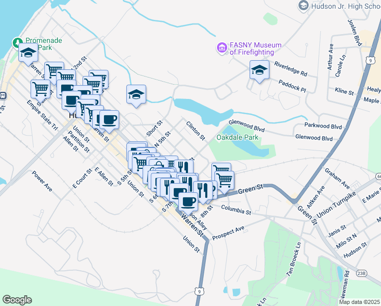 map of restaurants, bars, coffee shops, grocery stores, and more near 549 Washington Street in Hudson