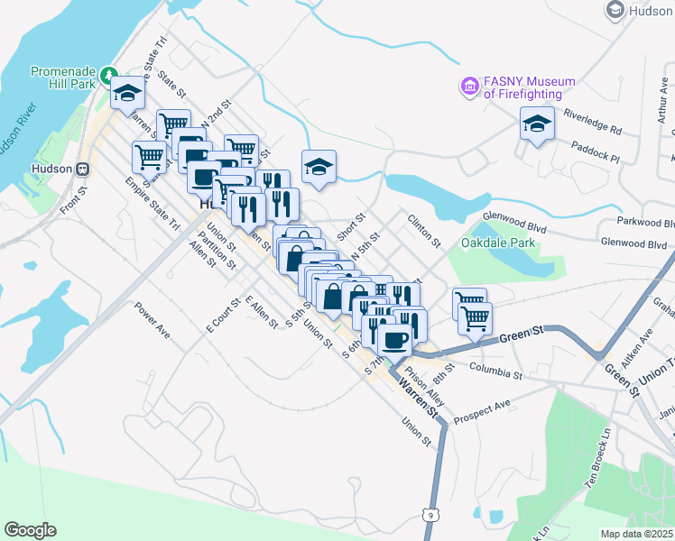 map of restaurants, bars, coffee shops, grocery stores, and more near 44 South 5th Street in Hudson