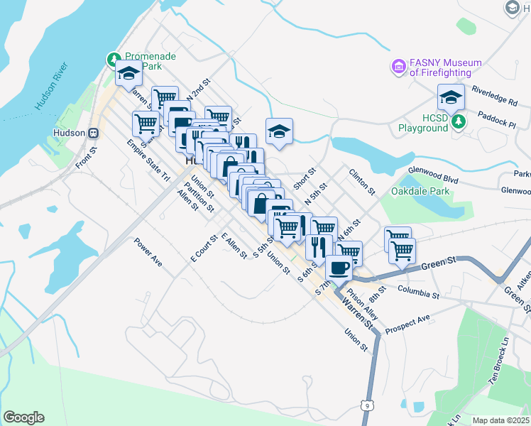 map of restaurants, bars, coffee shops, grocery stores, and more near 429 Warren Street in Hudson
