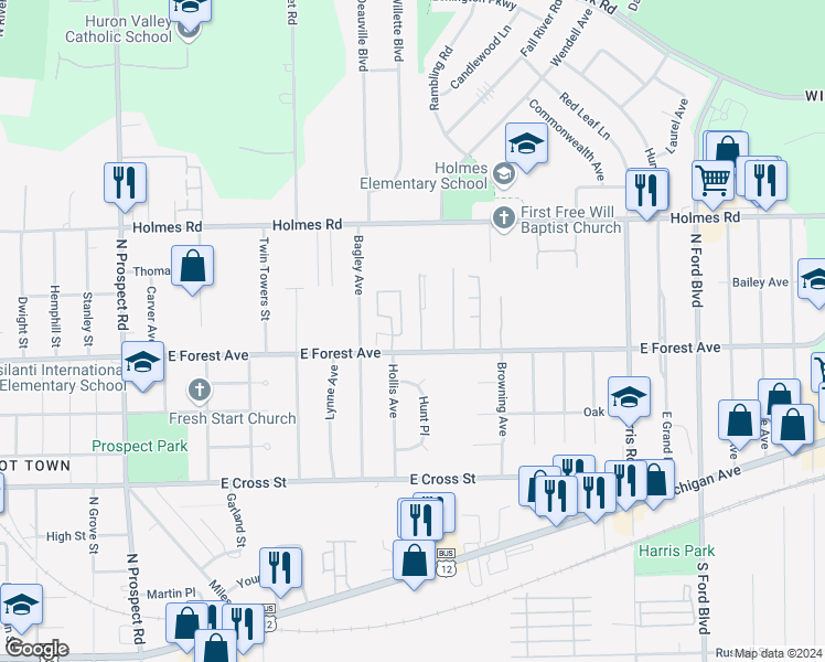 map of restaurants, bars, coffee shops, grocery stores, and more near 731 Redwood Avenue North in Ypsilanti