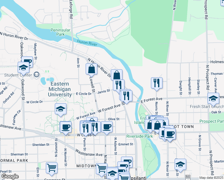 map of restaurants, bars, coffee shops, grocery stores, and more near 203 Jarvis Street in Ypsilanti