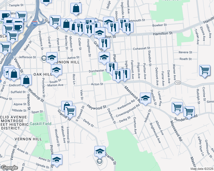 map of restaurants, bars, coffee shops, grocery stores, and more near 2 Gambier Avenue in Worcester