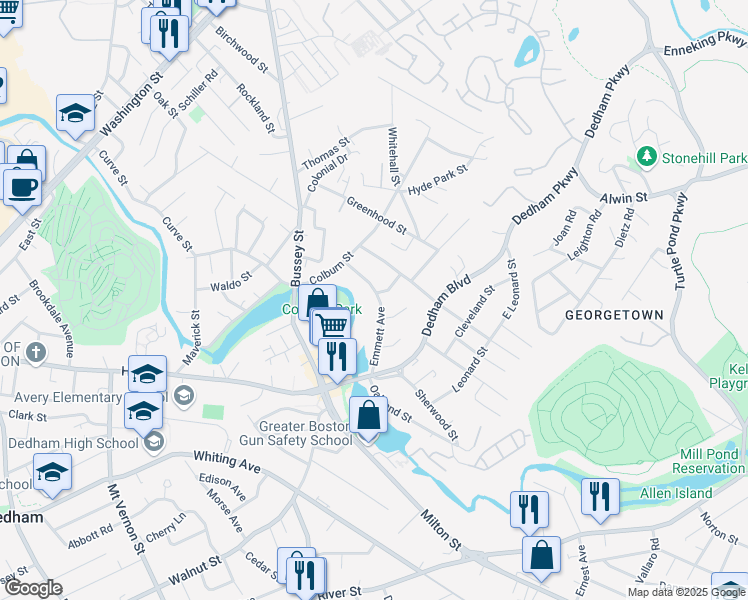 map of restaurants, bars, coffee shops, grocery stores, and more near 45 Emmett Avenue in Dedham