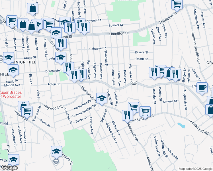 map of restaurants, bars, coffee shops, grocery stores, and more near 560 Massachusetts 122 in Worcester