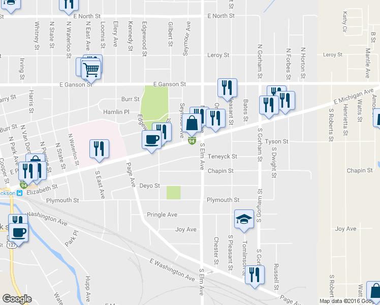 map of restaurants, bars, coffee shops, grocery stores, and more near 1512 Teneyck Street in Jackson