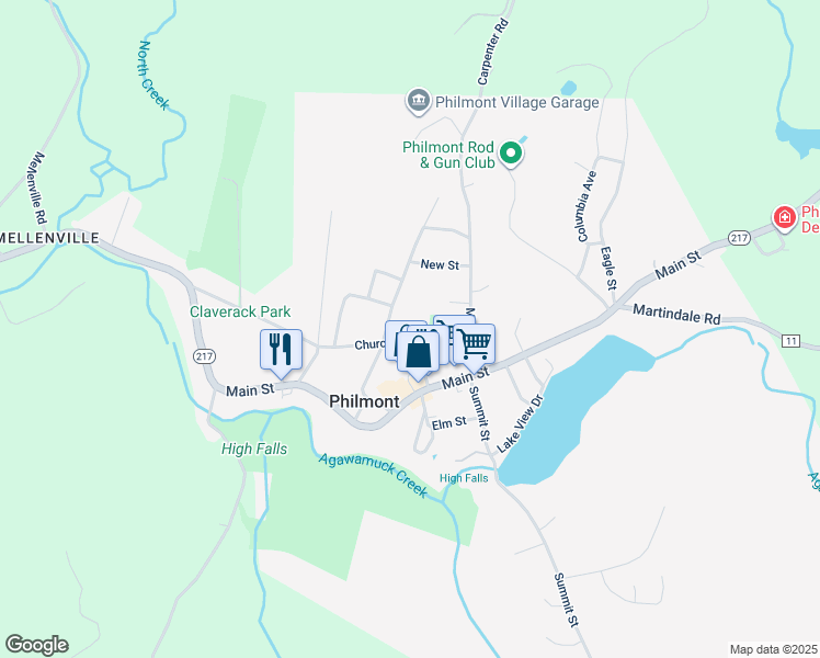 map of restaurants, bars, coffee shops, grocery stores, and more near 17 Church Street in Philmont