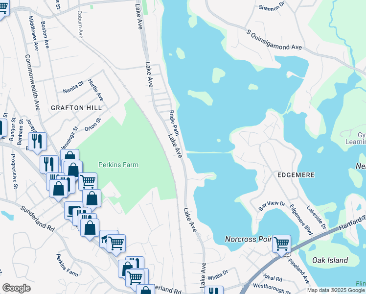 map of restaurants, bars, coffee shops, grocery stores, and more near 397 Bridle Path in Worcester