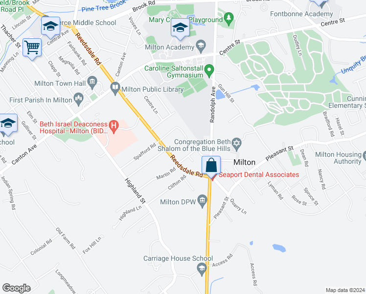 map of restaurants, bars, coffee shops, grocery stores, and more near 86 Meredith Circle in Milton