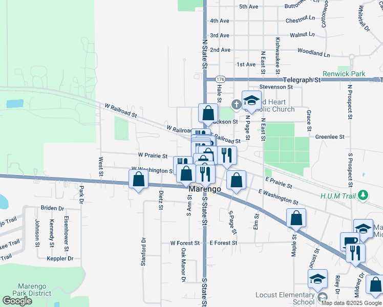 map of restaurants, bars, coffee shops, grocery stores, and more near 124 West Prairie Street in Marengo