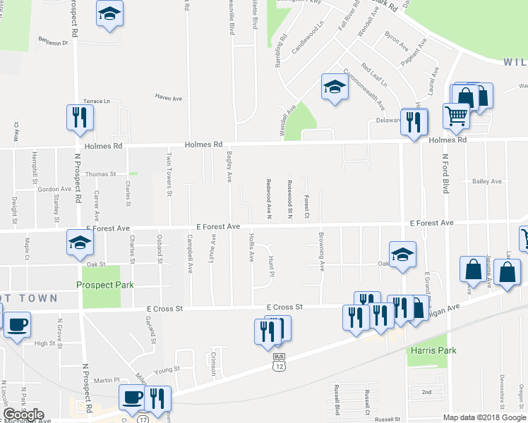 map of restaurants, bars, coffee shops, grocery stores, and more near 731 N Redwood Ave in Ypsilanti Township