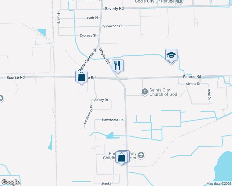 map of restaurants, bars, coffee shops, grocery stores, and more near 7322 Wayne Road in Romulus