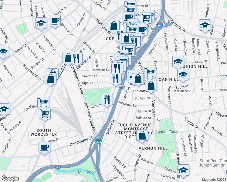 map of restaurants, bars, coffee shops, grocery stores, and more near 196 Millbury Street in Worcester