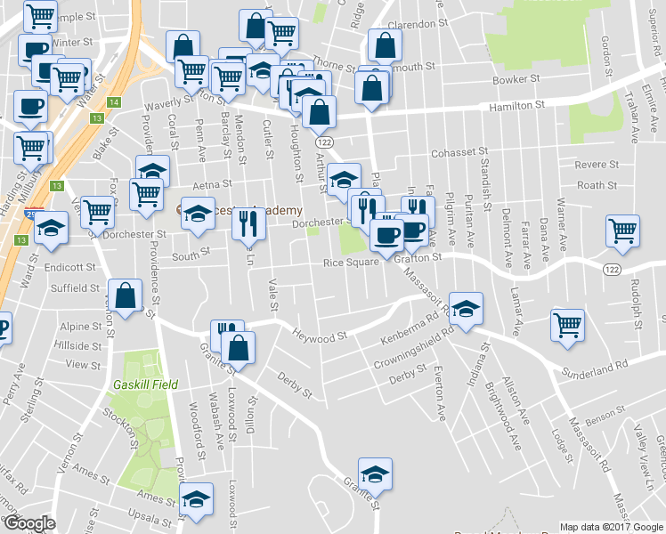 map of restaurants, bars, coffee shops, grocery stores, and more near 27A Acton Street in Worcester